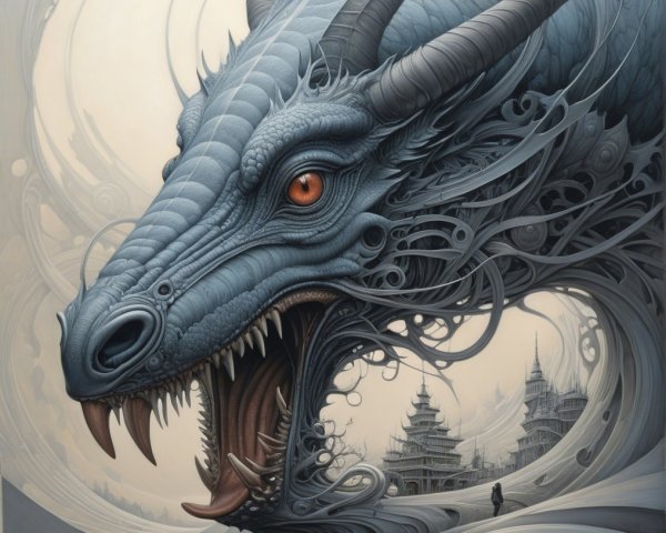 Intricately Designed Dragon Head with Serene Landscape