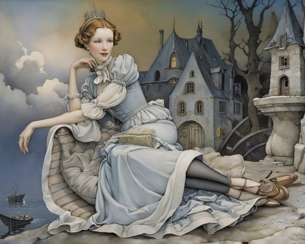 Serene Figure in Blue Gown Against Dreamy Backdrop