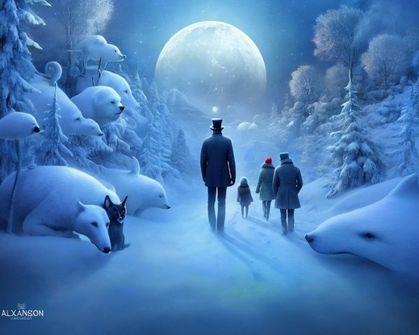 Snowy Landscape with Figures and Arctic Wildlife
