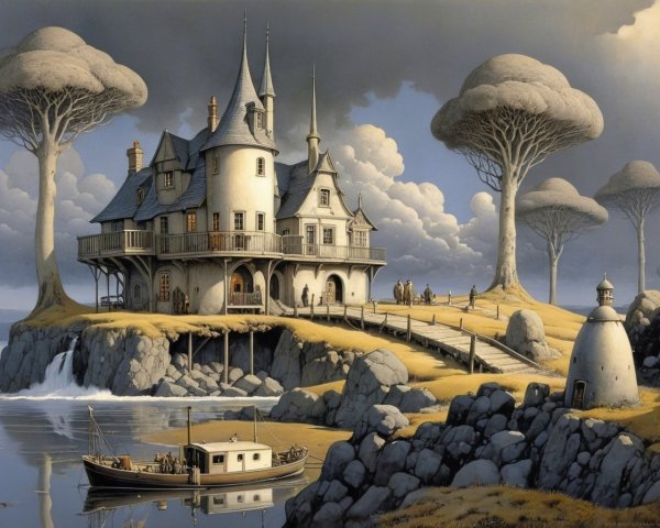 Whimsical Castle on Rocky Outcrop with Tranquil Water