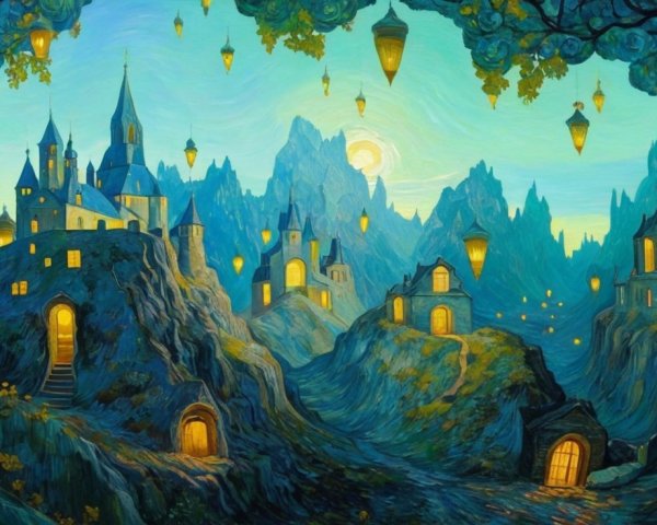 Whimsical Landscape with Enchanting Castles and Lanterns