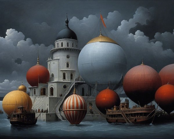 Whimsical Castle Surrounded by Colorful Hot Air Balloons