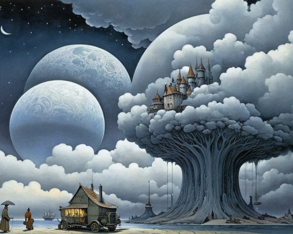 Fantastical landscape with giant tree and castle