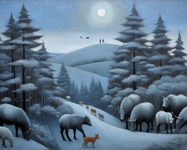 Moonlit Winter Landscape with Silhouetted Trees and Animals