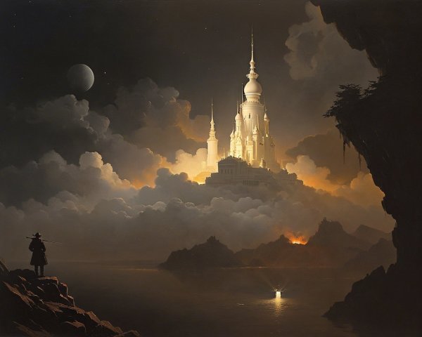 Majestic Castle Surrounded by Clouds and Water Reflection