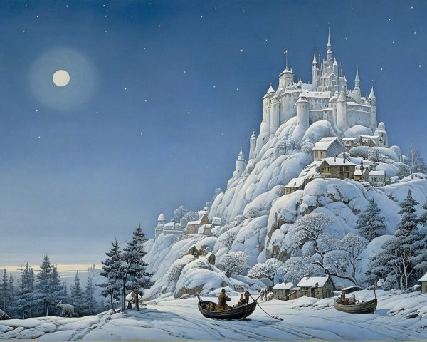 Snowy Mountain Castle Under Moonlit Sky