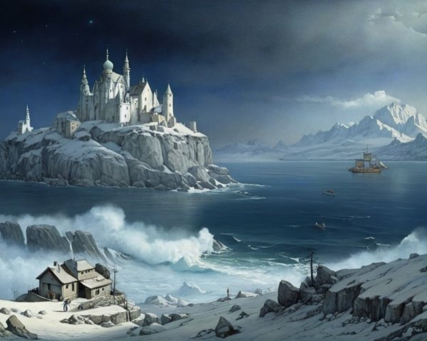 Seascape with Castle on Rocky Island at Twilight