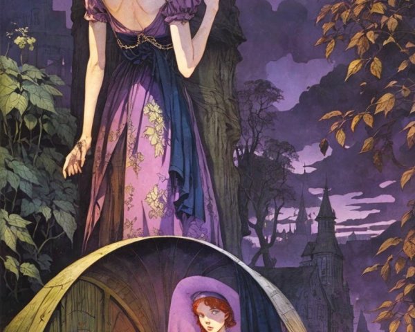 Illustration of a woman in purple dress and hidden chamber