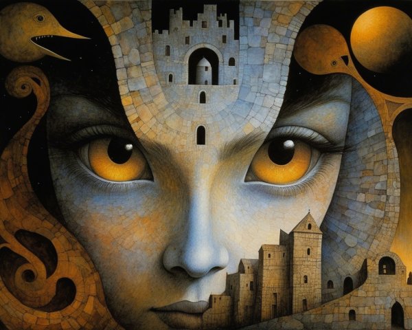 Surreal Artwork with Expressive Face and Castle