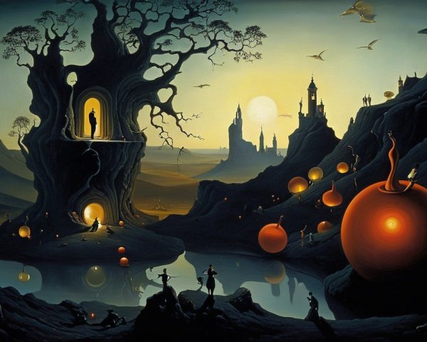 Surreal Landscape with Glowing Tree and Castles