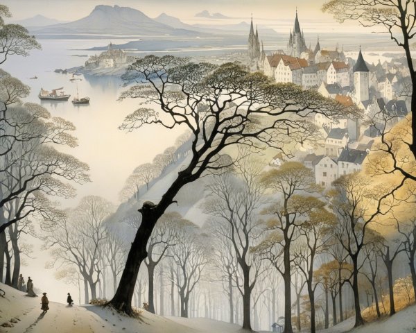 Winter Landscape with Village and Distant Mountains