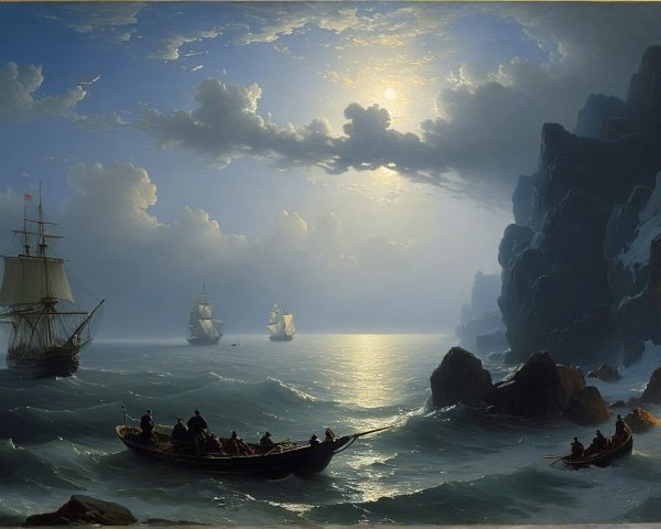 Moonlit Maritime Landscape with Ships and Cliffs
