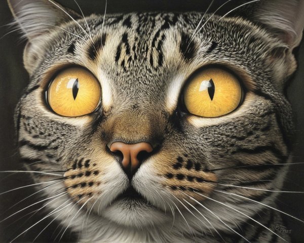Close-up of a cat's face with vivid yellow eyes