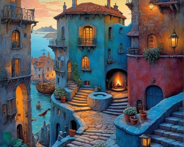 Coastal Village at Twilight with Cobblestone Streets