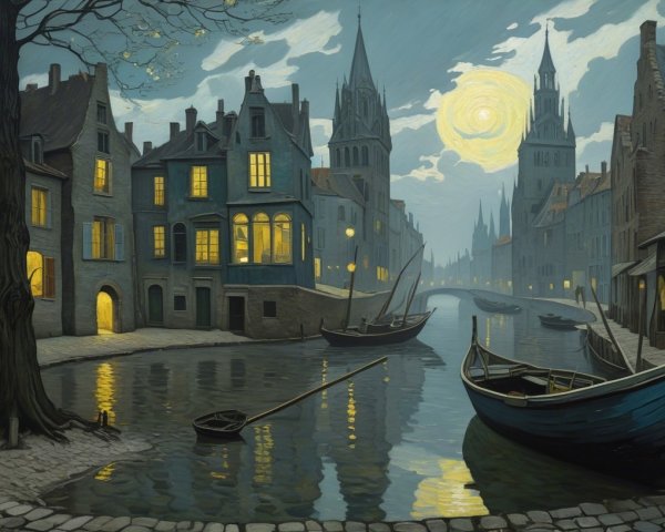 Serene Canal Scene with Historic Buildings and Moonlight