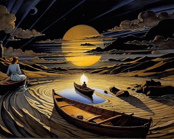 Dreamlike Landscape with Boats and Glowing Moon