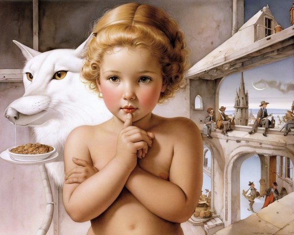 Whimsical Artwork of Child and White Wolf in Fantasy Scene
