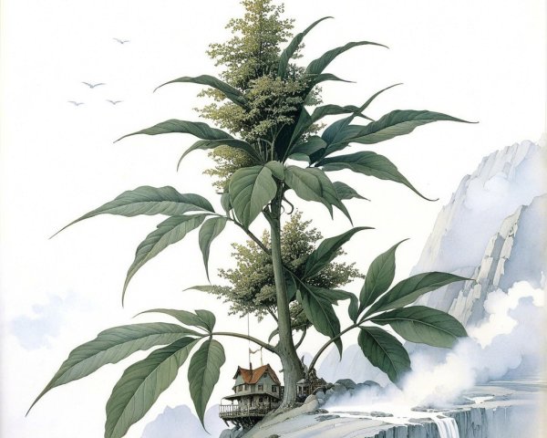 Towering Tree House on Cliff with Waterfalls and Birds