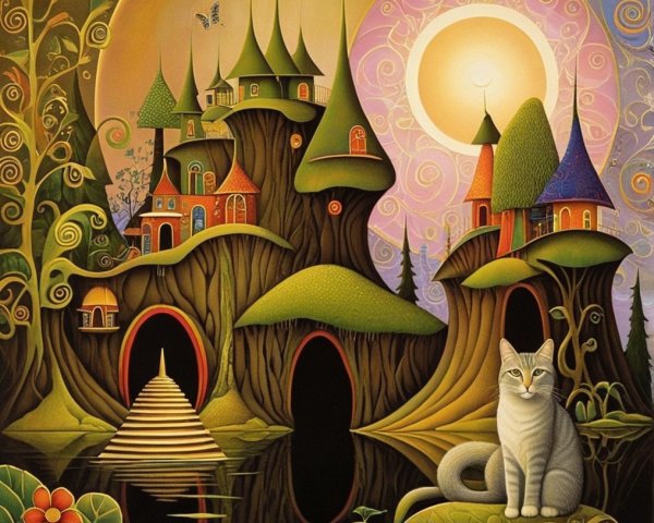 Whimsical Landscape with Oversized Trees and Water Body