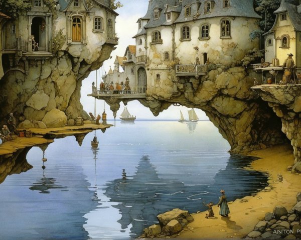 Seaside Village with Cliffs, Houses, and Calm Waterway