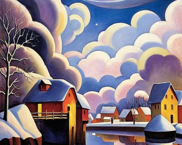 Serene Winter Landscape with Quaint Houses and Waterway