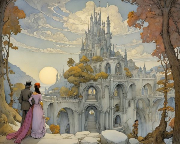Couple in Dreamlike Landscape with Ethereal Castle