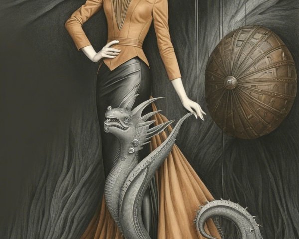 Futuristic gown with bronze skirt and mechanical dragon