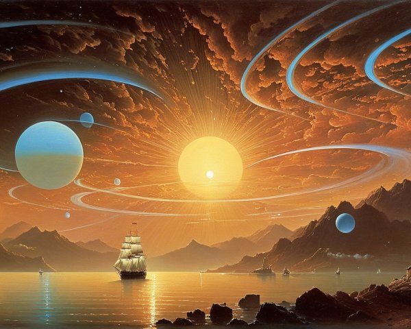 Surreal Cosmic Landscape with Majestic Ship and Planets