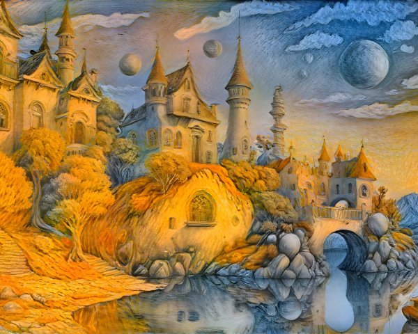 Whimsical Landscape with Castles and Vibrant Trees