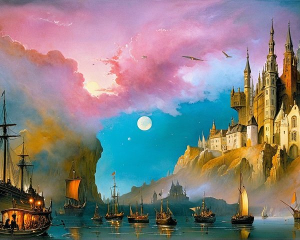 Fantasy Landscape with Castle and Twilight Sky