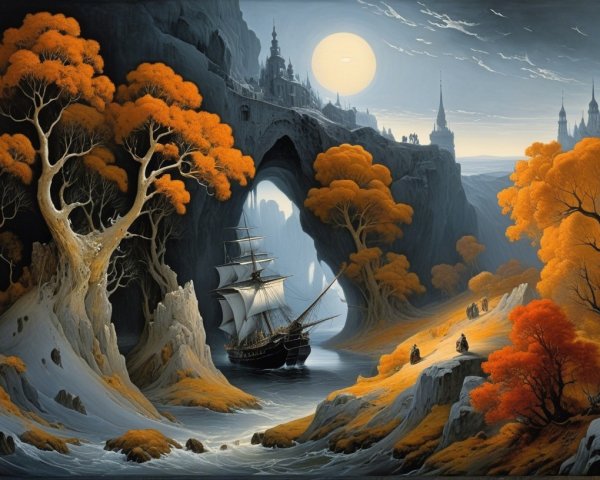 Serene Fantasy Landscape with Cliffs and Full Moon