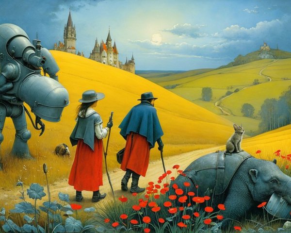 Whimsical Landscape with Robot and Travelers in Hats