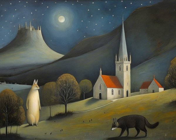 Surreal Nighttime Landscape with Whimsical Creatures