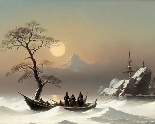 Winter Landscape with Boat and Snow-Covered Mountains