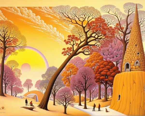 Whimsical Landscape with Oversized Tower and Autumn Trees