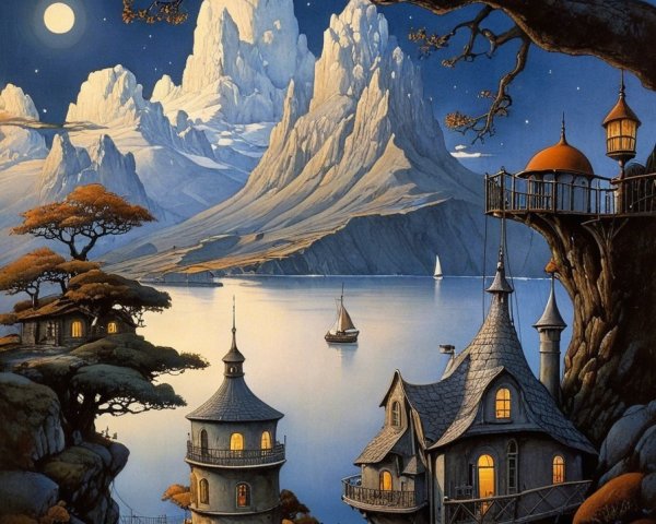 Nighttime Landscape with Enchanting Architecture and Lake