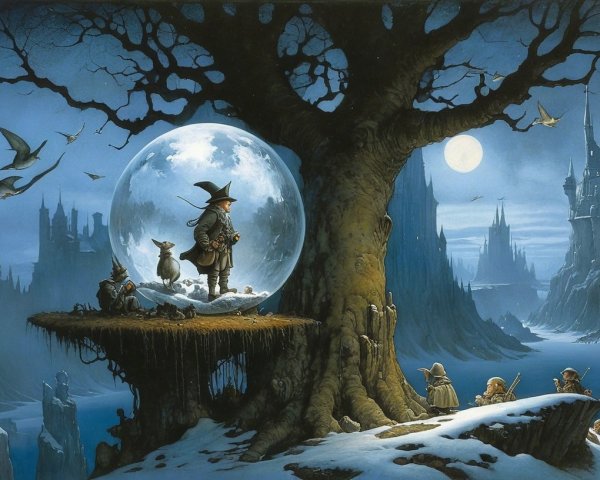 Whimsical Figure in Wintry Landscape Under Moonlight