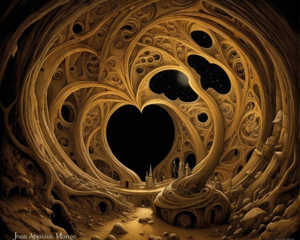 Surreal Landscape with Heart-Shaped Structures and Stars