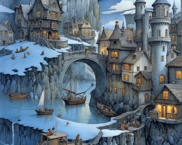 Whimsical Fantasy Landscape with Village and Castle