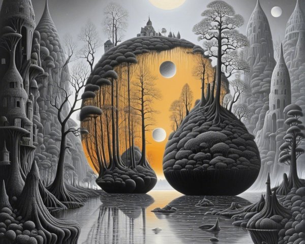 Surreal Monochrome Landscape with Vibrant Orange Circle