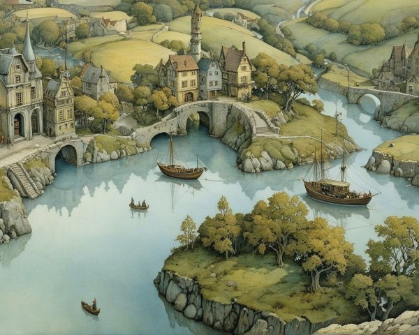 Picturesque Village Landscape by a Calm River