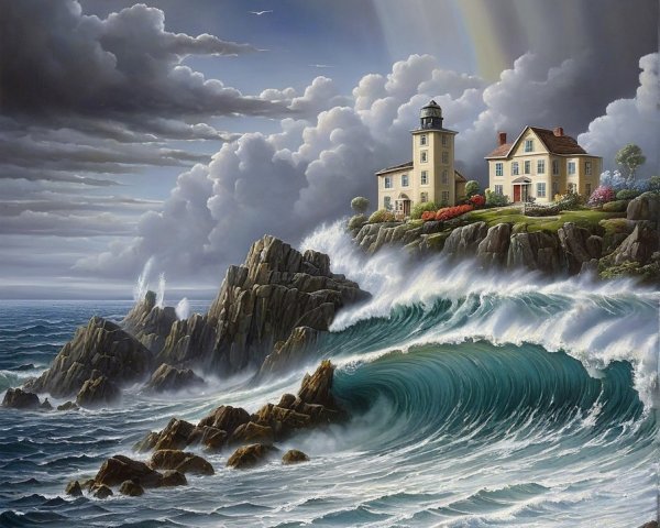 Dramatic Seascape with Waves, Cliffs, and Moonlight