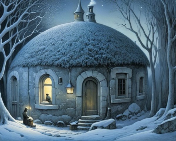 Cozy Stone Cottage in a Snowy Winter Landscape