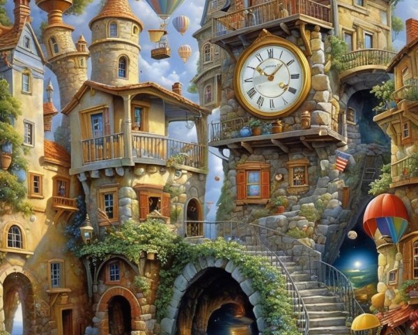 Whimsical village with charming houses and hot air balloons