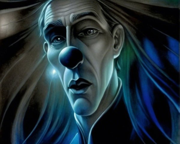 Stylized Portrait of a Somber Clown with Blue Nose
