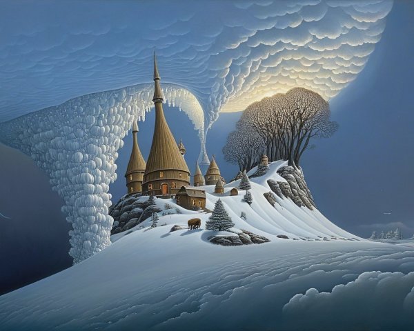Whimsical Castle on Snowy Hill in Dreamlike Landscape