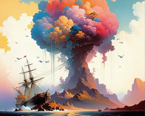Majestic Ship Near Erupting Volcano at Night