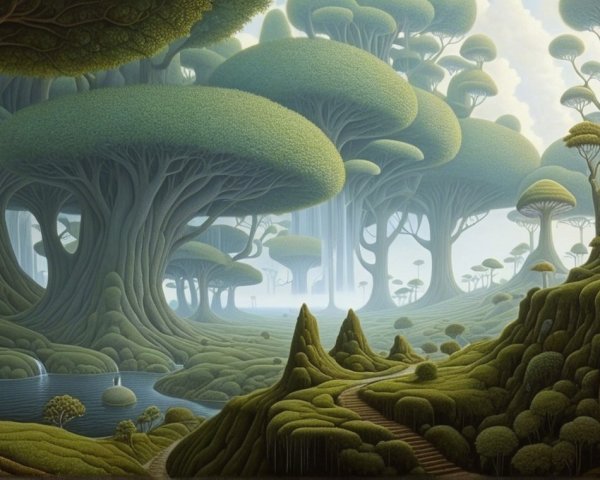 Surreal Landscape with Oversized Trees and Pond