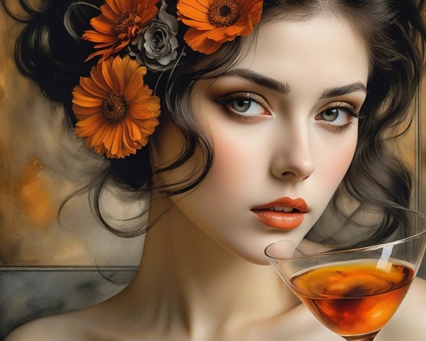 Portrait of a woman with dark hair and orange flowers