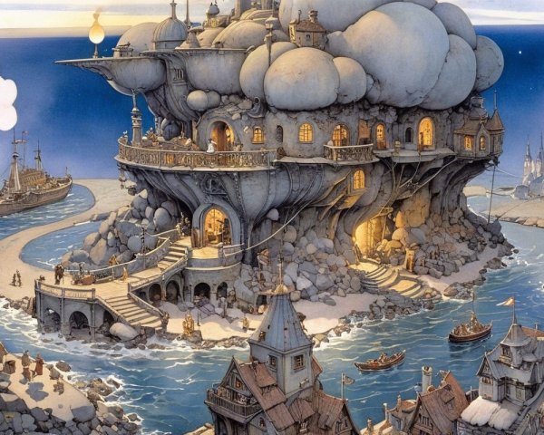 Whimsical Coastal Village with Intricate Architecture
